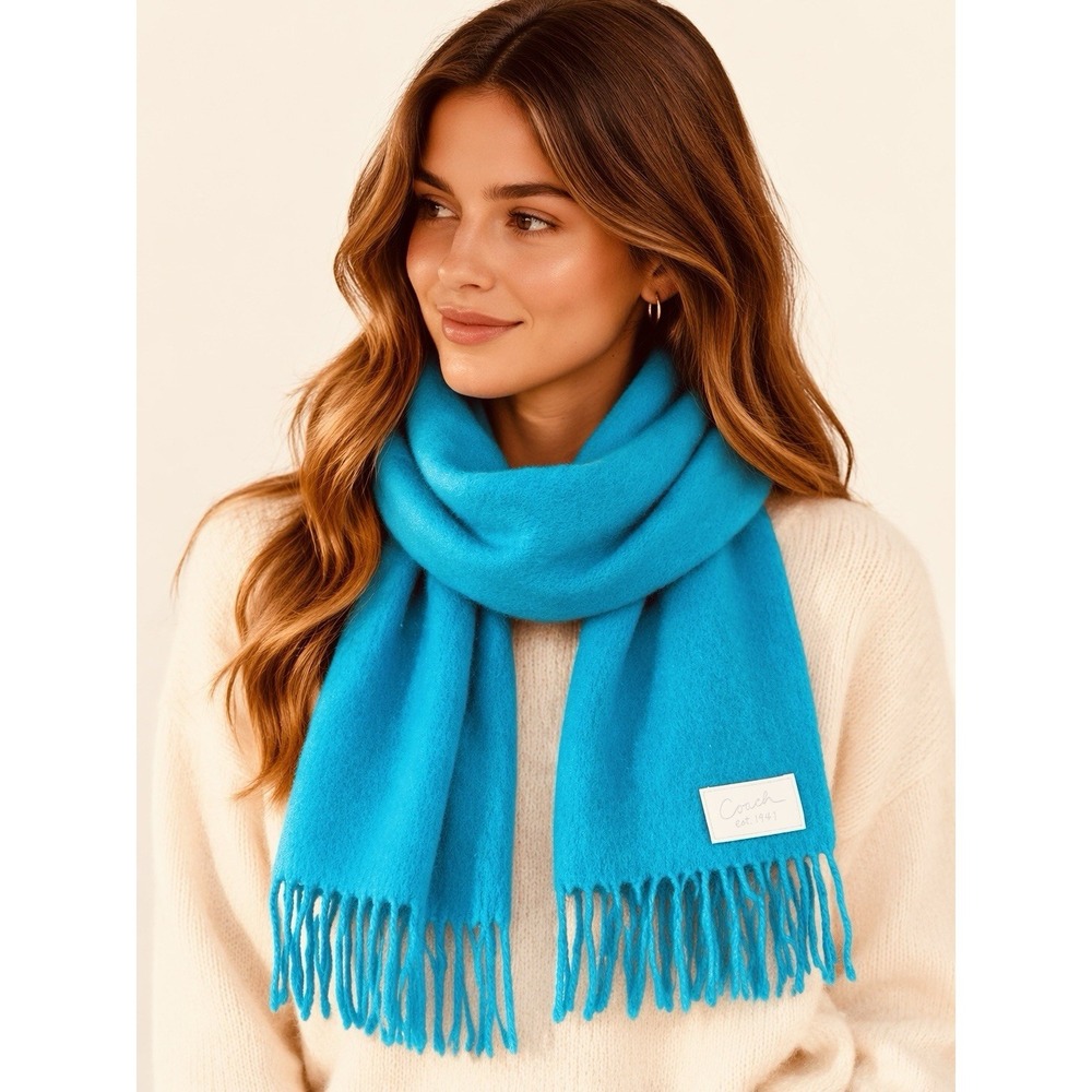 Coach Cashmere and Wool Turquoise Blue Fringed Scarf 62" X 9.5" Soft Cozy